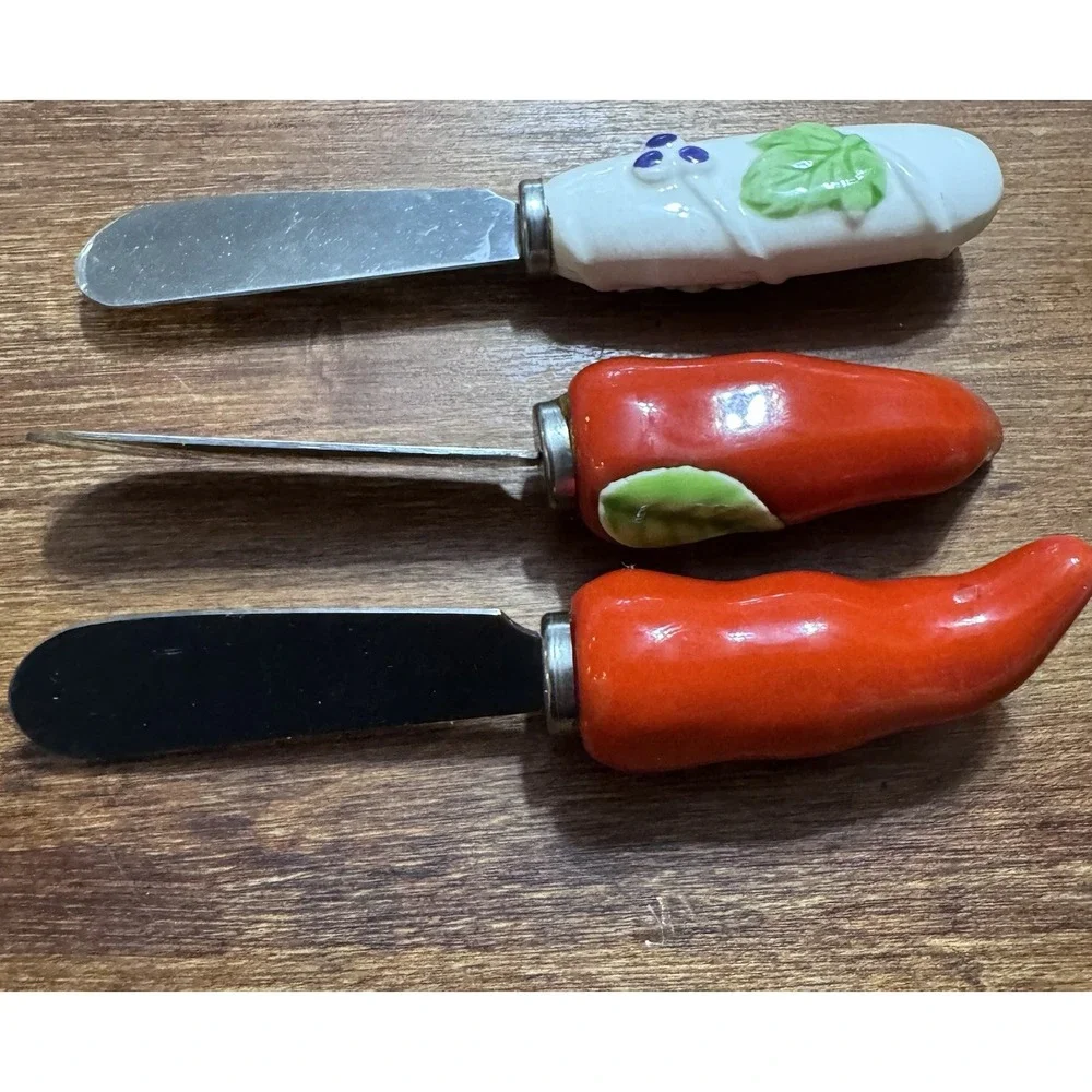 Vintage Knobler Ceramic Butter Spreader Knives Stainless Made In Japan Set‎ Of 3